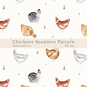 Peut inclure: Motif sans couture avec des illustrations à l'aquarelle de poulets dans des tons de marron, gris et blanc, avec des crêtes rouges. De petits brins d'herbe verte sont présents sur un fond crème. Le texte "Chickens Seamless Pattern" est affiché.