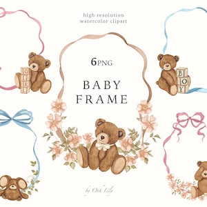 Könnte beinhalten: Aquarell-Clipart mit sechs Babyrahmen. Jeder Rahmen enthält einen braunen Teddybären, einige mit Blöcken mit der Aufschrift "GIRL" und "BOY". Die Rahmen sind mit Bändern und Blumen in Rosa, Blau und Braun verziert. Der Text "BABY FRAME" befindet sich in der Mitte.