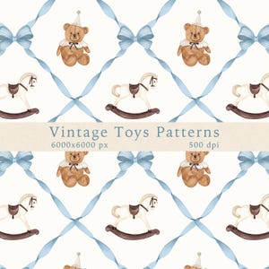 Modello senza cuciture con giocattoli vintage ad acquerello, fiocchi blu, stampa di un grazioso orsetto a dondolo per bambini, stampa su tessuto, carta per scrapbooking digitale in formato PNG