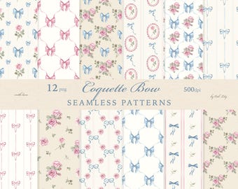 Coquette Watercolor Seamless Pattern, Bow Floral Fabric Print, Vintage Wallpaper, Commercial Use (PNG Download)