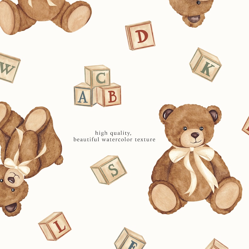 Vintage Teddy Bear and Blocks Seamless Pattern, Watercolor Nursery Baby Bear, Cute Toy Fabric Print, Printing Textile, Digital Scrapbook PNG