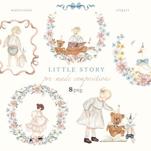 Composições de aquarela para crianças Clipart, Brinquedos infantis vintage, Desenhos animados fofos para meninos e meninas, Decoração de berçário, Scrapbooking PNG, Uso comercial