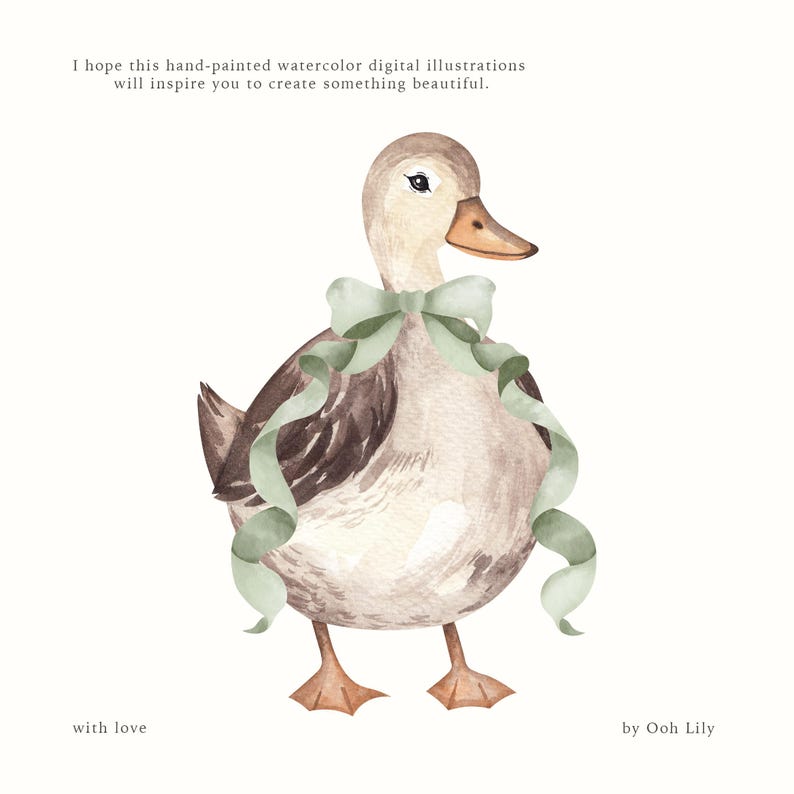 Green Bow Ducks Vintage Watercolor Clipart, Rustic Duckling Farm, Country Cottage Nursery Decor, Barnyard Animal Digital PNG, Commercial Use