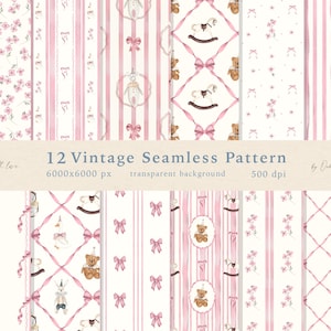 Puede incluir: Una colección de 12 patrones vintage sin costuras en rosa y blanco. Los diseños incluyen motivos florales, a rayas y de lazo, junto con ilustraciones de osos de peluche y caballos balancín. El texto dice "12 Vintage Seamless Pattern".