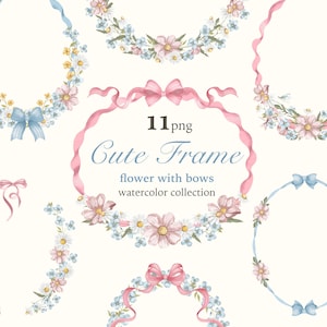 Cadre aquarelle noeuds mignons, clipart bordure noeud fleur, ruban bleu rose coquette, baby shower, faire-part de mariage, Pâques, anniversaire numérique Png