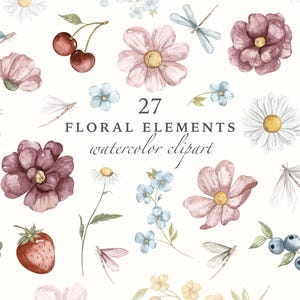 Aquarell Blumen Clipart, Frühling kleine Blumen Elemente, Botanischer Sommer, Wiese Libelle, Hochzeit einladen, Babyparty, Digital Set PNG