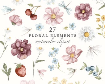 May include: A set of 27 watercolor floral elements, including flowers, leaves, berries, and dragonflies. The flowers are in shades of pink, purple, and white, and the leaves are green. The berries are red and blue. The dragonflies are blue and white.