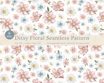 May include: A seamless pattern featuring watercolor flowers in pink, blue, and white, scattered across a cream background. The design includes daisies and other floral elements. The text "Ditsy Floral Seamless Pattern" is displayed.