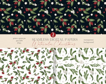 Papéis Digitais Aquarela de Natal: Folhagens e Frutas Vermelhas (PNG)