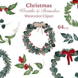 Watercolor Christmas Clipart: Wreaths, Greenery, Seamless Patterns (Digital Download PNG)