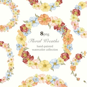 Clipart couronnes de fleurs sauvages aquarelles, fleurs délicates des prés, coquelicots d'Islande, shower de mariage, faire-part de mariage, cadres fleuris png
