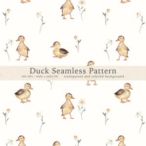Könnte beinhalten: Ein nahtloses Muster mit Aquarellillustrationen von gelben Entenküken und weißen Gänseblümchen auf weißem Hintergrund. Der Text lautet Duck Seamless Pattern, 500 DPI / 6000 x 6000 PX, transparent and colored background.