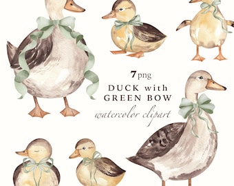Green Bow Duck Watercolor Clipart, Rustic Nursery Art (Digital PNG)