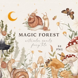 Clipart di foresta magica ad acquerello, animali del bosco, lumache, racconti, funghi, felce, luna, farfalla, casa, cottage, erbe mistiche, fiori selvatici, PNG