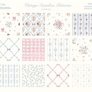 Watercolor Coquette Pattern, Summer Seamless Pattern, Vintage Bow and Floral, Blue Pink Tinny, Nursery Digital Print, Textile Commercial Use