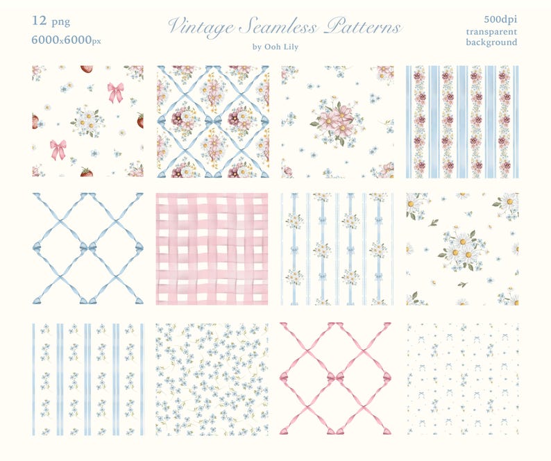 Watercolor Coquette Pattern, Summer Seamless Pattern, Vintage Bow and Floral, Blue Pink Tinny, Nursery Digital Print, Textile Commercial Use