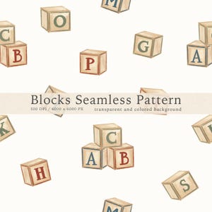 May include: Seamless pattern featuring watercolor-style alphabet blocks in various orientations. Each block displays a different letter in red, green, or blue. The blocks are set against a cream-colored background. The text "Blocks Seamless Pattern" is also present.