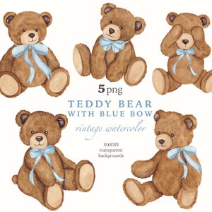 Akvarell nallebjörn Clipart: Vintage babyshower PNG (Kommersiellt bruk, 500 DPI)