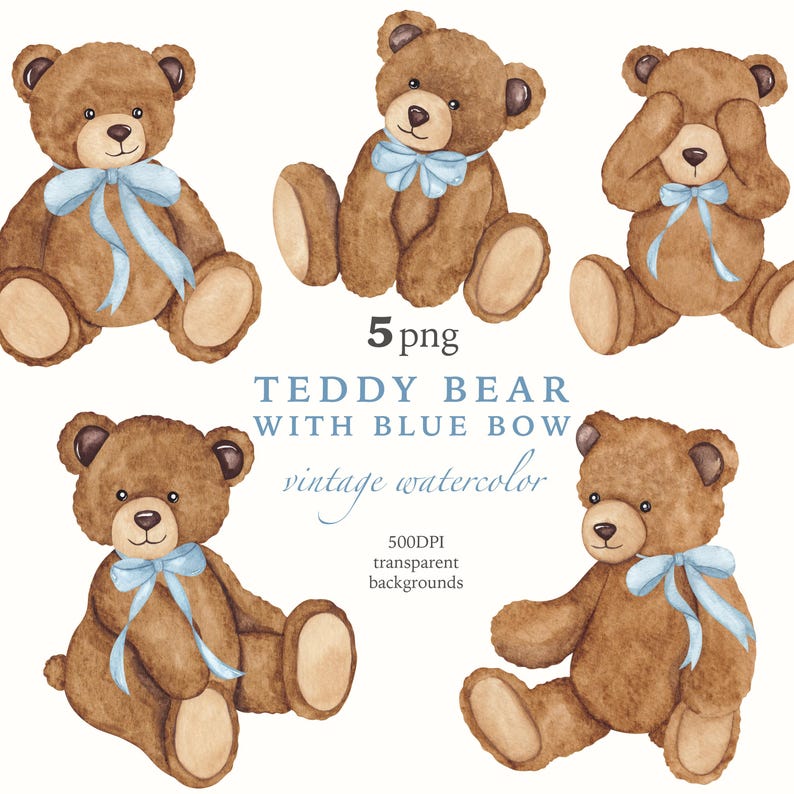Watercolor Teddy Bear Clipart: Vintage Baby Shower PNG (commercial Use ...