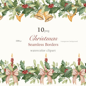 Christmas Watercolor Seamless Borders: Vintage Holiday Clipart (PNG)