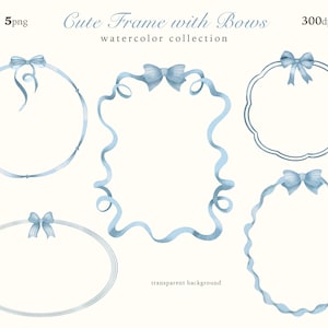Watercolor Frame Clipart, Blue Bow & Ribbon Tiny Frames, Cute Wavy Borders, Vintage  Wedding Invitation, Nursery Print, Digital Download PNG