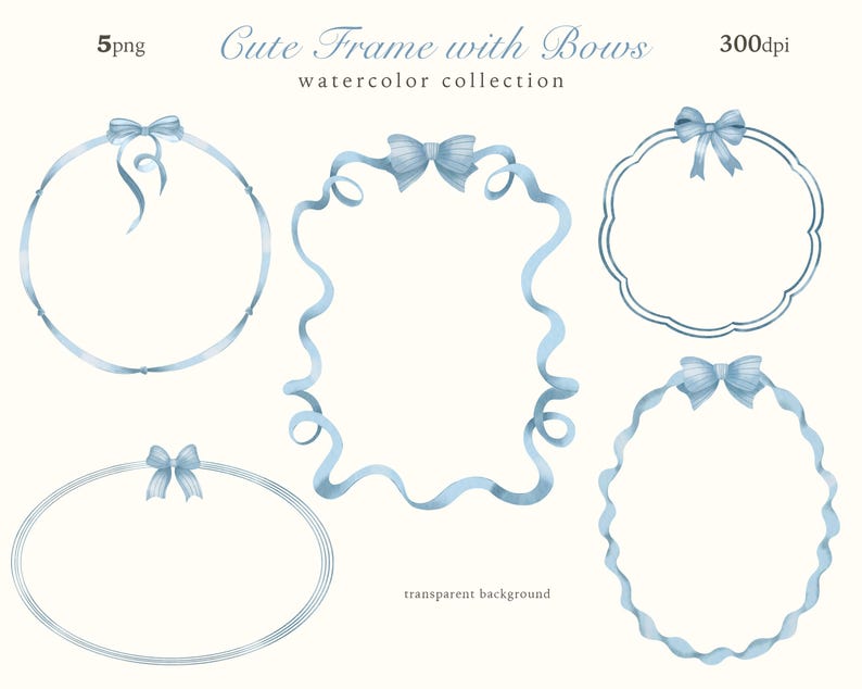 Watercolor Frame Clipart, Blue Bow & Ribbon Tiny Frames, Cute Wavy Borders, Vintage  Wedding Invitation, Nursery Print, Digital Download PNG