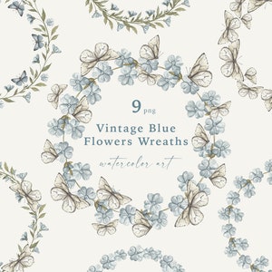Coroas de flores azuis vintage e borboletas, aquarela, flores silvestres, clipart, delicadas flores minúsculas, chá de bebê, cartão de convite de casamento, png