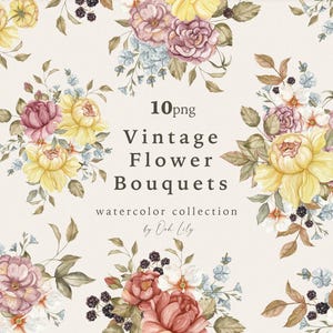 Clipart de buquê de flores vintage, aquarela floral, sublimação png, rosa peônia primavera, cartão de convite de casamento, arranjos florais, PNG digital
