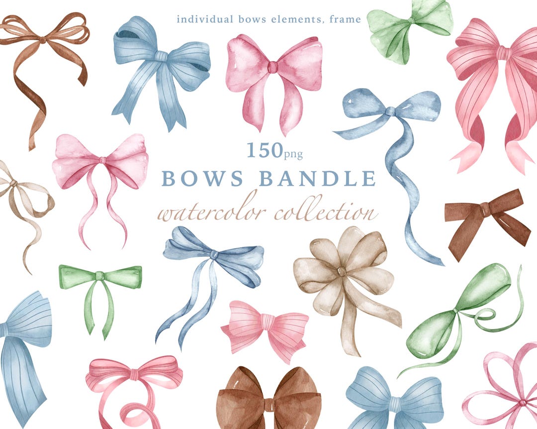 Watercolor Bow Clipart Bundle: Ribbon Bows, Frames (PNG Digital ...