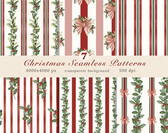 Watercolor Christmas Striped Patterns, Red Bows, Greenery Mistletoe Festive Paper (PNG Digital Download)