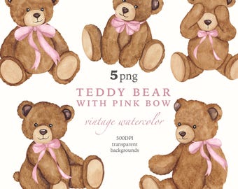 Watercolor Teddy Bear Clipart: Pink Bow, Baby Girl Nursery (500 DPI PNG)