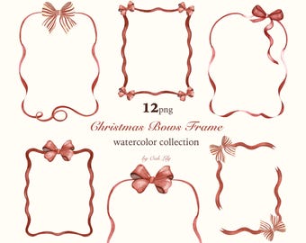 Watercolor Christmas Bows Frame Clipart: Red Ribbon Borders (PNG)
