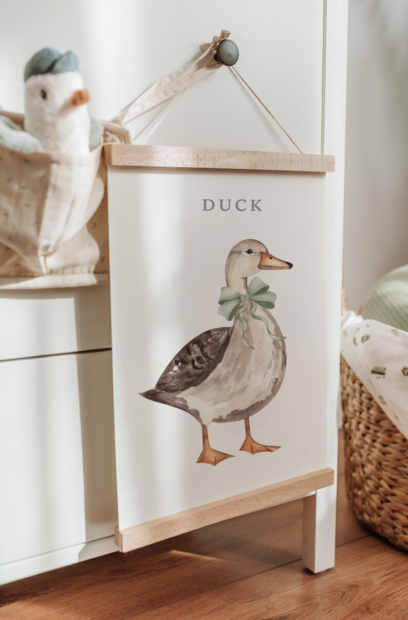 Green Bow Ducks Vintage Watercolor Clipart, Rustic Duckling Farm, Country Cottage Nursery Decor, Barnyard Animal Digital PNG, Commercial Use