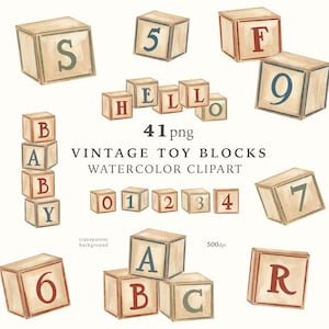 Clipart de blocos de brinquedo vintage em aquarela, blocos de bebê, alfabeto e números digitais em aquarela, decoração de berçário em madeira neutra, sublimação PNG