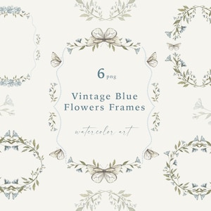 Moldura vintage de flores azuis e borboletas clipart aquarela prado minúsculo floral flores silvestres moldura convite de casamento cartão chá de bebê sublimação