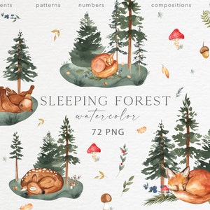 Aquarell Wald schlafende Tiere Clipart, Baby Woodland, Kinderzimmer Stoff, niedliches nahtloses Muster, Neugeborene Digitaldruck PNG - Kommerzielle Nutzung