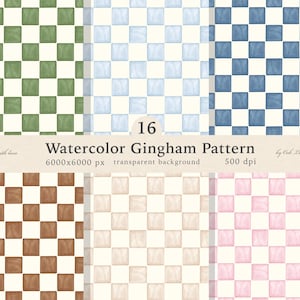 Könnte beinhalten: Eine Sammlung von Aquarell-Gingham-Mustern in verschiedenen Farben, darunter Grün, Blau, Braun, Beige und Rosa. Das Bild enthält den Text "Watercolor Gingham Pattern" und weitere Details zum Design.