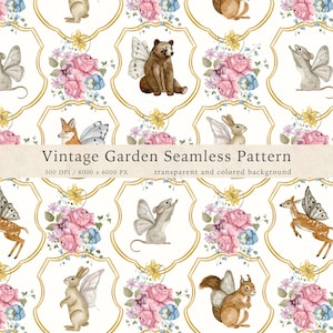 May include: A seamless pattern featuring watercolor illustrations of woodland animals with fairy wings, surrounded by floral bouquets in pink, blue, and yellow. The text "Vintage Garden Seamless Pattern" is displayed across the top.