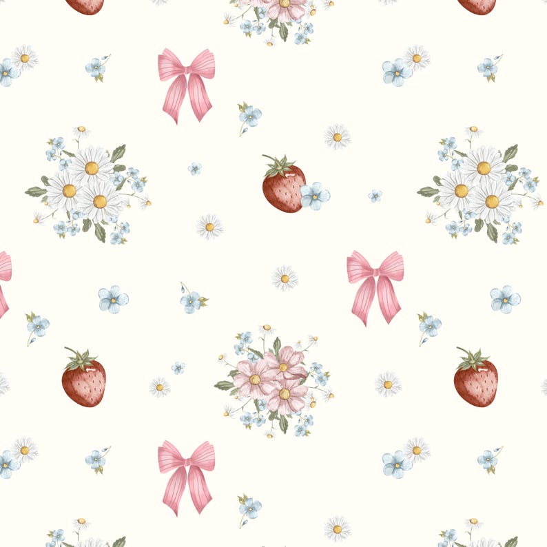 Watercolor Coquette Pattern, Summer Seamless Pattern, Vintage Bow and Floral, Blue Pink Tinny, Nursery Digital Print, Textile Commercial Use