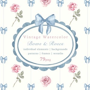Noeuds vitage et roses aquarelle Clipart mignon petite pépinière Clipart faire-part de mariage bleu rose vintage couronne cadre transparente motifs PNG