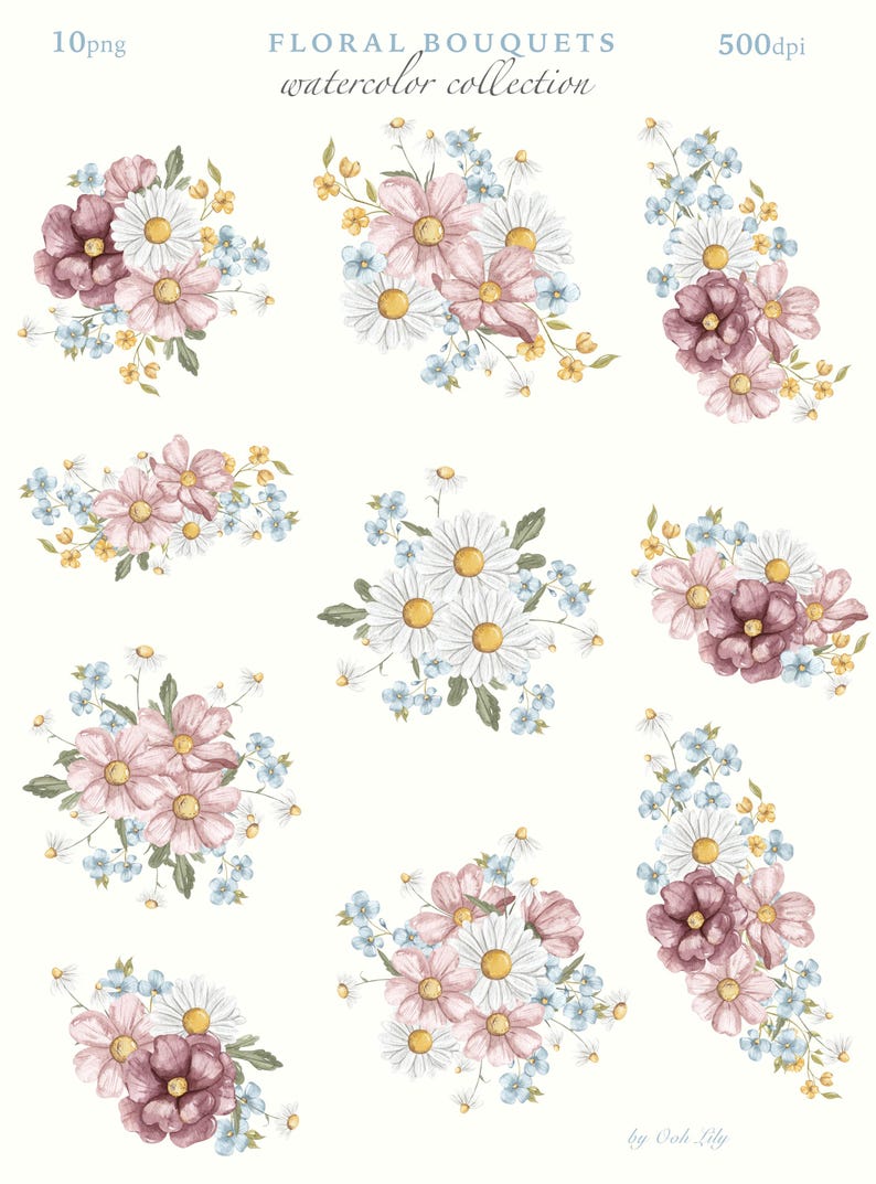 Watercolor Floral Bouquets Clipart: Spring Flower PNG (digital Download ...