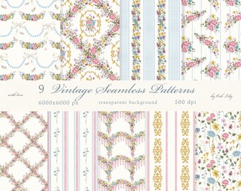 Vintage Watercolor Floral Seamless Patterns: Coquette Grandmillennial Print (PNG Digital Download)