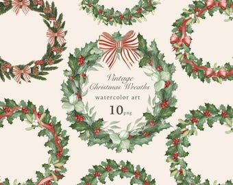 Watercolor Christmas Wreaths Clipart: Vintage Floral Frames (PNG)