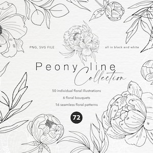 牡丹の線画クリップアート 植物の花 SVG ユーカリの枝のスケッチ 花のシームレスなパターン 最小限の抽象的な結婚式招待状のロゴ PNG