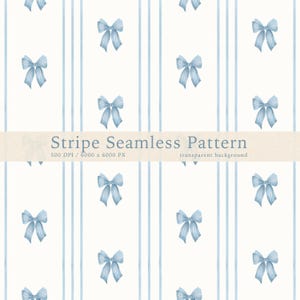 Puede incluir: Un patrón sin costuras con lazos y rayas verticales en azul claro sobre un fondo blanco. Los lazos están espaciados uniformemente, agregando un toque delicado al diseño. Se muestra el texto "Stripe Seamless Pattern".