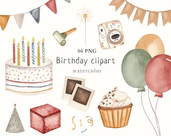 Set di clipart per feste di compleanno ad acquerello: torta, palloncini e decorazioni (download digitale PNG)