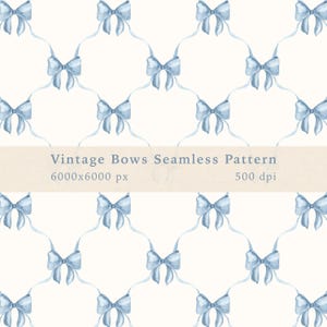 Op de afbeelding: Een naadloos patroon met lichtblauwe aquarel strikken op een witte achtergrond. Het patroon is gerangschikt in een rasterontwerp met de strikken die elkaar overlappen. De tekst "Vintage Bows Seamless Pattern 6000x6000 px - 500 dpi" wordt onderaan de afbeelding weergegeven.