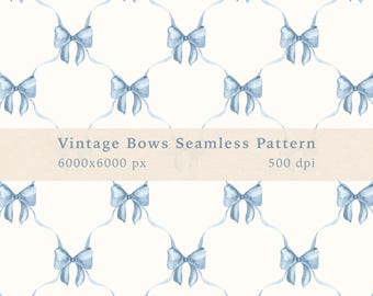 Vintage Bows Watercolor Pattern, Cute Blue Bows Pattern, Seamless Pattern, Blue Pattern, Use for Printing Textiles, Digital Scrapbook Papers