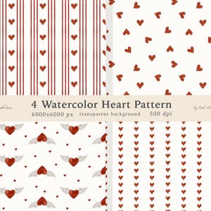 Puede incluir: Cuatro patrones de corazones en acuarela en rojo y blanco. Los diseños incluyen corazones rojos sobre fondo blanco, corazones rojos con alas y rayas verticales con corazones. El texto dice "4 Watercolor Heart Pattern".