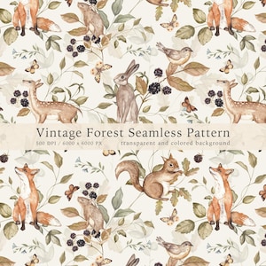 Puede incluir: Un patrón sin costuras con animales y plantas del bosque. El diseño incluye ciervos, zorros, ardillas, conejos, pájaros, mariposas, hojas y bayas. El texto "Vintage Forest Seamless Pattern" se muestra en la imagen.